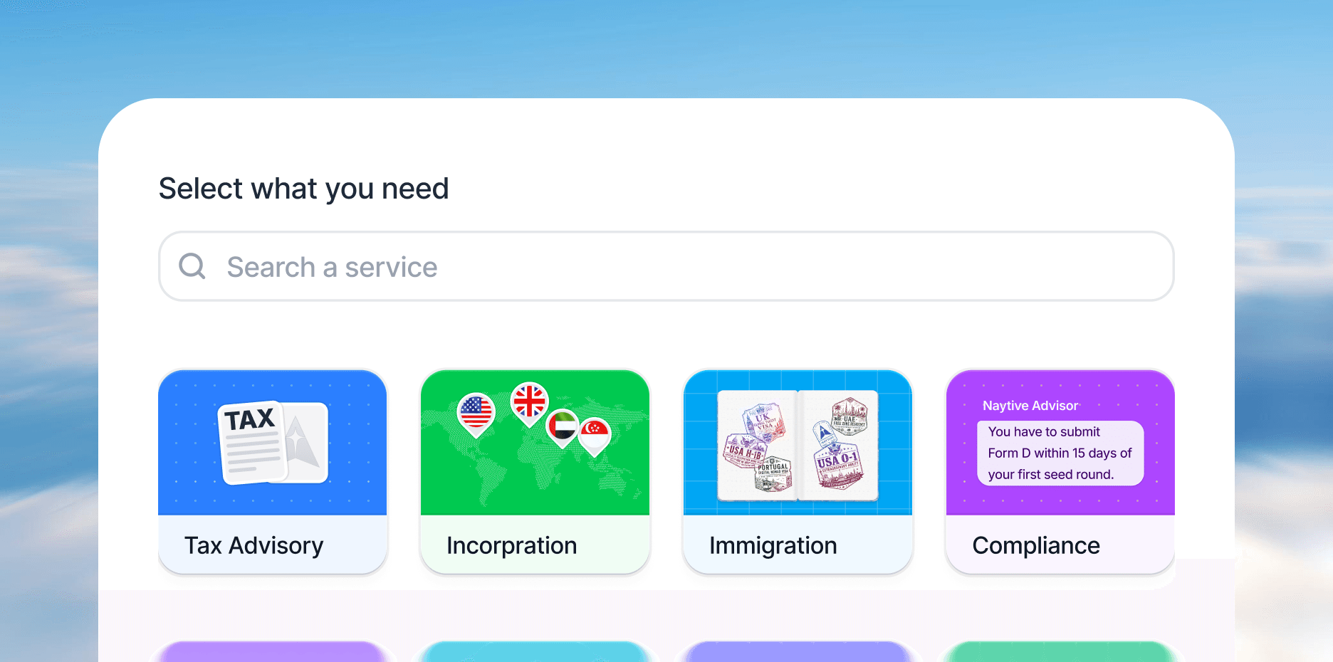 Compliance tracker preview: pick a service across tax, incorporation, immigration, and compliance