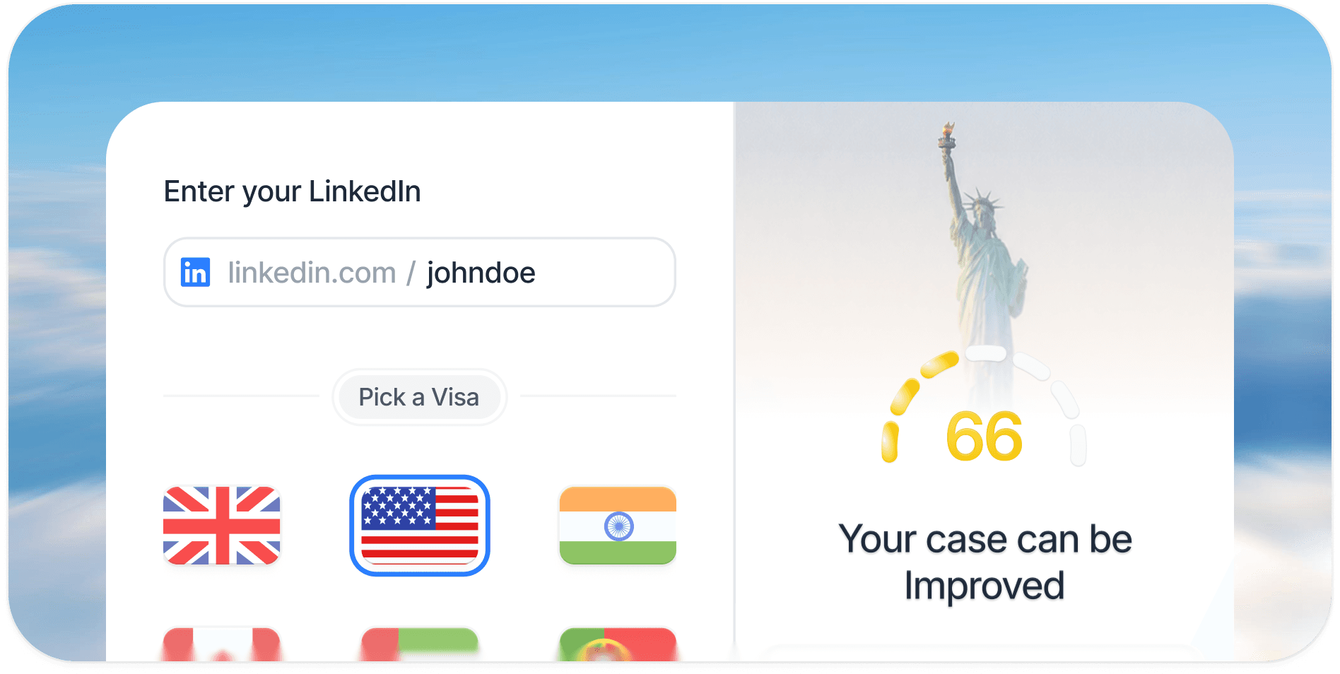 Visa eligibility scoring preview: LinkedIn input, visa picker, and a score of 66